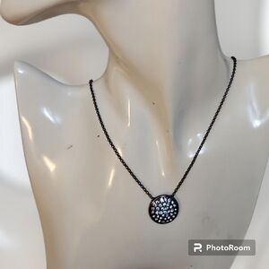 3/$30 MONET Blue Crystal Circle Pendant Gunmetal Chain Necklace FLAWED